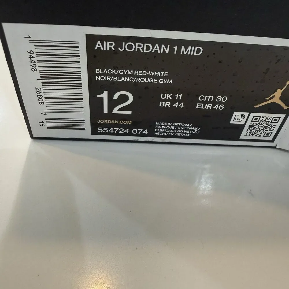 Size 12 - Men's Air Jordan 1 Mid Banned (2020) 554724 074 Brand New with Box